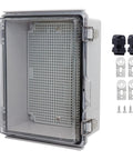 LuSumtly waterproof junction box, ABS plastic with clear hinged cover; 8.7x6.7x4.3 in, mounting plate and two cable glands