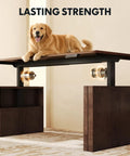 Get The Legit Badass Solid Wood Executive Standing Desk Featuring Sculpted Fluted H Frame Adjustable Height Mid Century Office Table In Rich Walnut For Your Setup with dog on top.