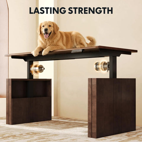 Get The Legit Badass Solid Wood Executive Standing Desk Featuring Sculpted Fluted H Frame Adjustable Height Mid Century Office Table In Rich Walnut For Your Setup with dog on top.
