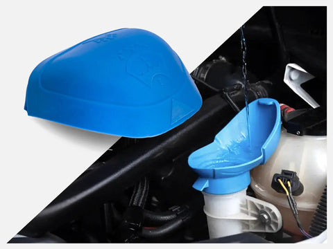 Universal Windshield Washer Fluid Reservoir Cap Replacement With Funnel Mode Fits 46 To 55 mm Neck And Replaces OE Cap For VW Beetle Golf Jetta Passat Tiguan Atlas Audi A3 A4 Q5 Q7 Porsche Buick Chevrolet, shown with blue cap.