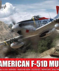 Box art of Airfix 1:48 North American F-51D Mustang model kit showing WWII aircraft in an action scene.