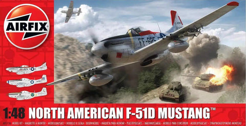 Box art of Airfix 1:48 North American F-51D Mustang model kit showing WWII aircraft in an action scene.