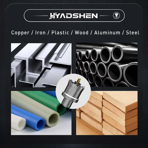 HYADSHEN 17‑pc hole saw kit with case; tungsten carbide bits for metal/wood/plastic, includes pilot bits and L‑wrenches.
