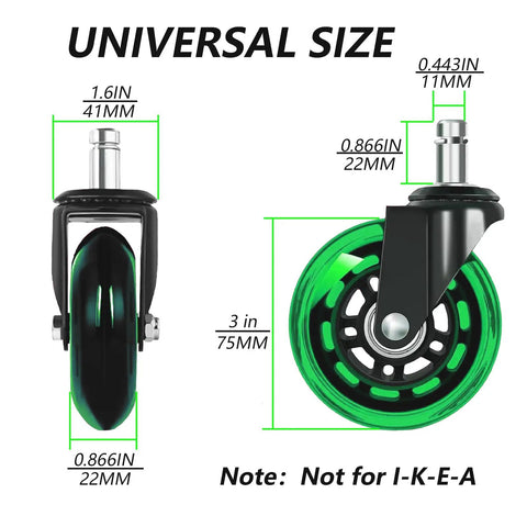 Heavy Duty 3 Inch Office Chair Wheels Replacement Set Of 5 Green Polyurethane Swivel Casters Install Easy Roll Smooth As Butter On Carpet Or Hardwood.