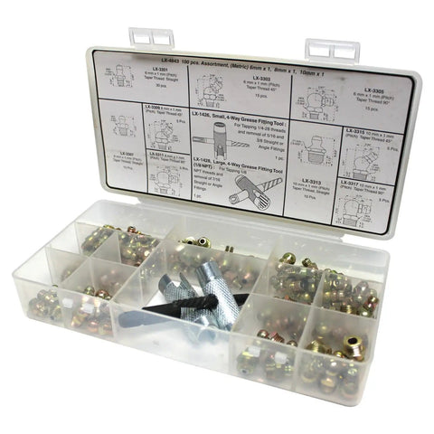 Grease Fitting Assortment Kit 100 Piece SAE And Metric Sizes With 6mm 8mm And 10mm Fittings Straight 45 Degree And 90 Degree Angles