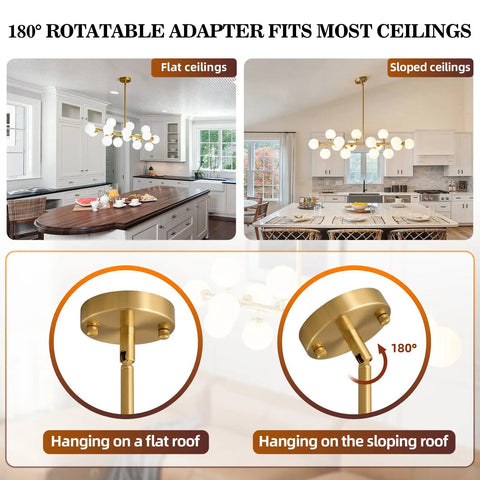 Mid Century Modern Sputnik Chandelier With 16 Lights Brushed Brass Arms And Frosted Milk Glass Shades For Kitchen Or Dining Room That Hits Different And Brings Major Vibes on flat and sloped ceilings.