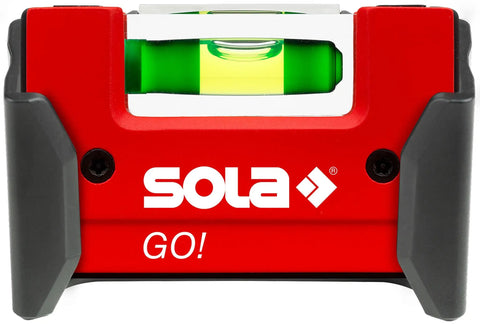 Sola Spirit Level Compact Go! Clip, 0 with bright green vial nested in durable red polyamide housing.