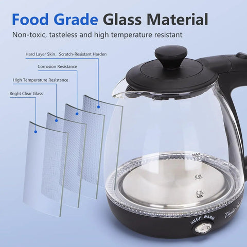Electric Kettle With Tea Infuser 1L No Fuss Quick Boil Keep Warm LED Indicator Light Auto Shut Off Boil Dry Protection BPA Free Black Compact Countertop Kitchen Essential For Coffee And Tea Lovers, side view showing glass material and keep warm feature.