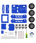 Blue XiaoR Geek robot chassis kit with four 97mm mecanum wheels, metal plates, motors and mounting hardware