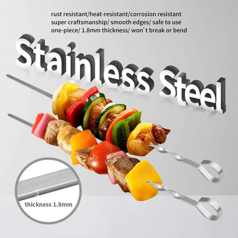 Premium 17 Inch Stainless Steel Kabob Skewers with colorful veggies and meat, showcasing flat long shish kebab sticks for grilling.