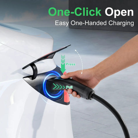 Road Trip Ready Portable EV Charger With 32 Amp Level Two Fast Charge Power Via 240 Volt NEMA 14-50 Socket For Tesla Models S X 3 Y And All NACS Rides Built Tough Plug And Play Ease being plugged into an electric vehicle.