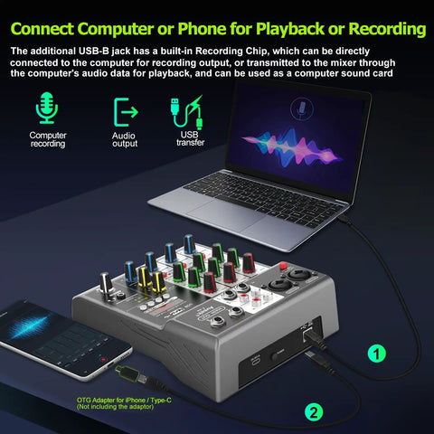 Four Channel Audio Mixer With USB And Bluetooth For Recording, Live Streaming, And Podcasting connected to laptop and phone