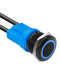 Latching Push Button Switch 1NO, IP67 Waterproof, 5-24V DC, 20A, Rugged Aluminum Alloy Body, With Wire Socket Plug, Blue 19mm, Perfect For Automotive, Marine, Security, Door Entry And DIY Projects. Blue 19mm latching push button switch with wire socket plug