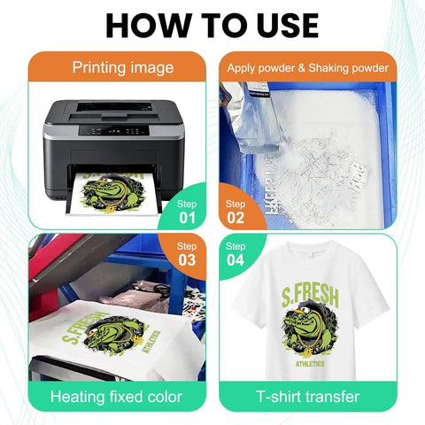 White DTF Powder 1Kg for Digital Transfer application steps on L1800 printer and DTG printers for cotton and polyester fabrics.