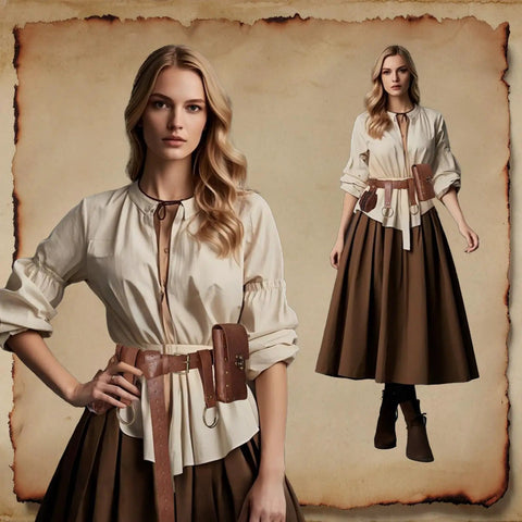 Clutch Vintage Renaissance Pirate Belt Set Featuring Ridiculously Handy Cell Phone Pouch worn with a blouse and skirt.