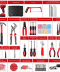Tool set including 21V cordless drill, carrying case, claw hammer, screwdrivers, pliers, and drill bits, displayed in grid layout.