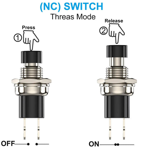 Diagram of Momentary Push Button Switch 1A 250V AC SPST NC Black Cap Mini Push Button With Wire 2 Pin Terminal in ON and OFF positions