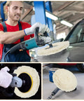 6 Pack 3 Inch Wool Polishing Pads With Hook And Loop Velcro For Drill Polisher Buffing Pads Set in use on car body