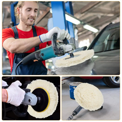 6 Pack 3 Inch Wool Polishing Pads With Hook And Loop Velcro For Drill Polisher Buffing Pads Set in use on car body