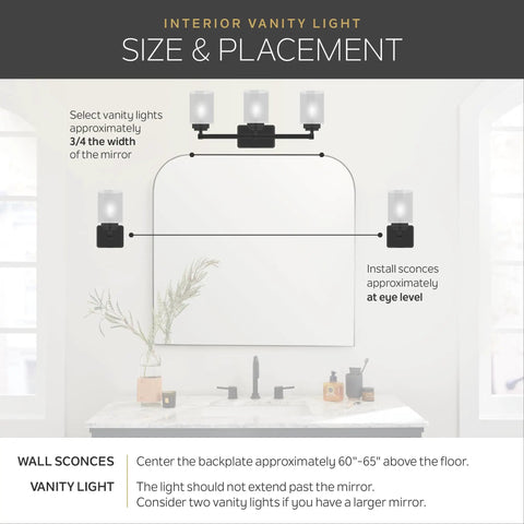 Diagram showing installation placement for Brushed Nickel 5 Light Vanity Bath Light With Clear Satin Etched Glass Dope Modern 36 Inch Wall Mount Fixture For Bathrooms Damp Rated 36 Inch Wide By 8 Inch High Bulbs Not Included above a mirror.