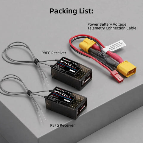 Two R7FG 7 Channel Gyro Receiver 2.4GHz Telemetry Long Range For RC Cars And Boats with FHSS and connection cables on display