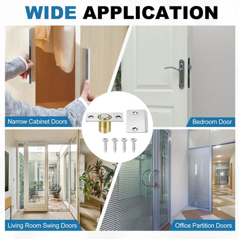 Magnetic Door Ball Catch Set 8 Pack For Top Of Doors And Cabinets shown with applications on various doors.