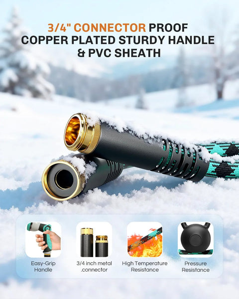 WELLUCK 50 ft garden hose with copper-plated 3/4 connector and PVC sheath, black-green braided exterior.