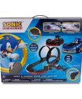 Packaging of Sonic Racing CrossWorlds Slot Car Track Set With Rad Double Loop Action, featuring Sonic and Shadow cars