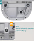 Close-up of Heavy Duty 8.8 Rear Differential Cover Girdle System For Ford Mustang F150 Bronco Explorer with drain plug.