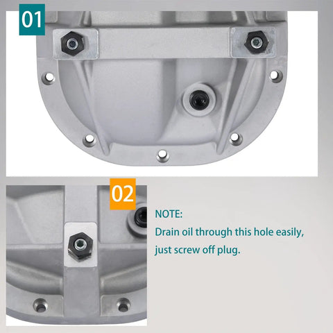 Close-up of Heavy Duty 8.8 Rear Differential Cover Girdle System For Ford Mustang F150 Bronco Explorer with drain plug.