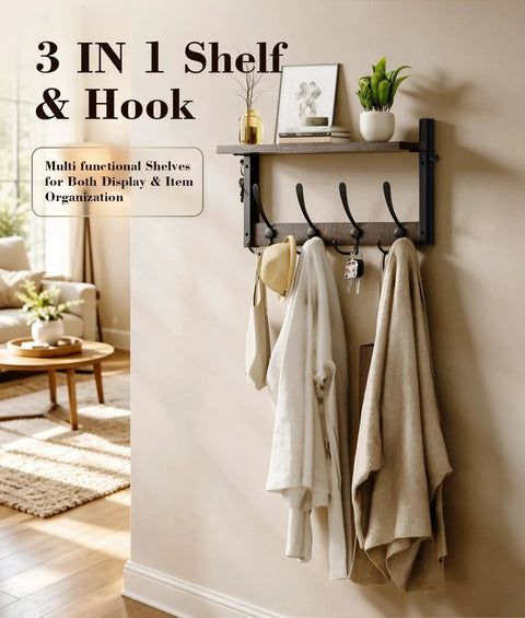 Top Notch Wall Mount Wood Coat Rack Sweet Space Saving Shelf Display Hook System features four triple prong bars plus side holders.