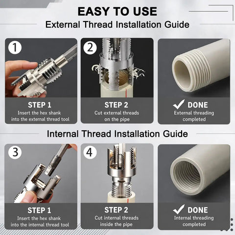 3 In 1 PVC Pipe Threader Kit With Dual Internal And External Threading Drill Powered Easy Cut Tool Set For 1/2 3/4 And 1 Inch Pipes installation steps showing external and internal threading guides.