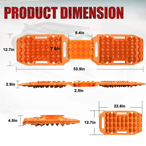 Extendable Offroad Traction Tracks With Jack Base dimensions showing length, width, and depth, orange color, Gen 8.