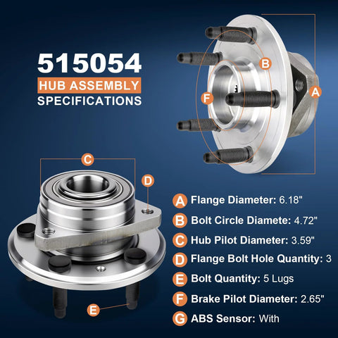 Front or Rear Wheel Bearing Hub Assembly Drop In Ready For Buick LaCrosse Allure Regal 2010-2017, Cadillac CTS XTS 2014-2016 AWD And FWD, Chevrolet Equinox 2010-2017, Impala Malibu 2010-2017, GMC Terrain 2010-2017 5 Lug ABS specifications diagram.