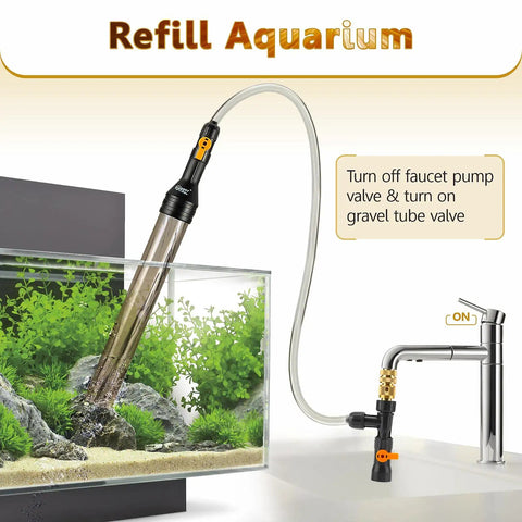 Bucket Free Aquarium Water Change Kit with metal faucet connector and long 25 ft hose auto siphon gravel cleaner setup