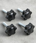 Kickass 10 Pack Black Star Knurled Thumb Screws Featuring Precision 1/4-20 Thread Size For Rock Solid Clamping Grip And Super Fast Umbrella Base Replacement Projects - close-up of black thumb screws with shiny star-shaped knobs.