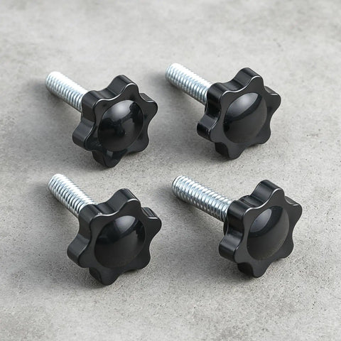 Kickass 10 Pack Black Star Knurled Thumb Screws Featuring Precision 1/4-20 Thread Size For Rock Solid Clamping Grip And Super Fast Umbrella Base Replacement Projects - close-up of black thumb screws with shiny star-shaped knobs.