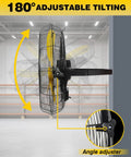 Beefy Waterproof 20 Inch Wall Mount Fan With High Velocity Airflow showing side view of 180-degree tilting feature in a workshop