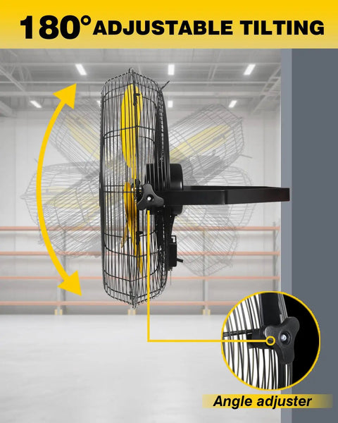 Beefy Waterproof 20 Inch Wall Mount Fan With High Velocity Airflow showing side view of 180-degree tilting feature in a workshop