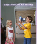 Two kids playing with Hand Controlled Flying Orb With Lights Boomerang Drone For Kids Indoor Outdoor Fun in living room setting.