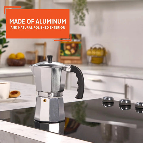 Stovetop Cast Aluminum 9 Cup Moka Pot Coffee Maker For Classic Cuban Italian Espresso Style Coffee on a kitchen stove.