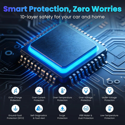 Close-up of microchip with safety features for Portable Level 2 EV Charger J1772 Charging Station 240V For Home And On The Go.