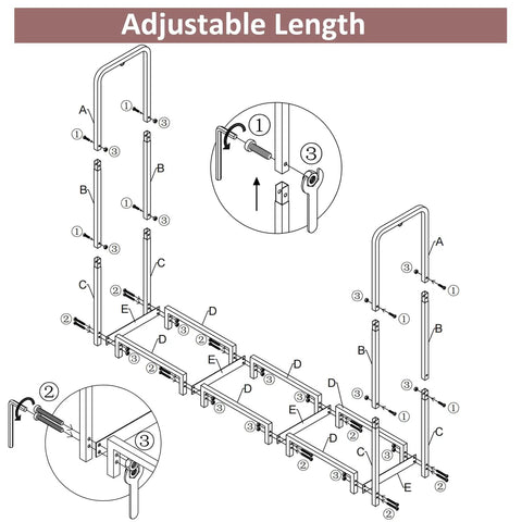 Diagram of Beefy Heavy Duty Firewood Rack with log carrier showing assembly and adjustable length with eight support points.