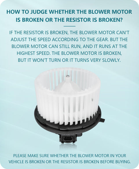 Front HVAC Blower Motor Compatible With Chevy Tahoe Silverado Avalanche Suburban 2007 2008 2009 2010 2011 2012 2013 2014 For GMC Yukon Sierra Cadillac Escalade Without Resistor 22741027 with troubleshooting guide in background