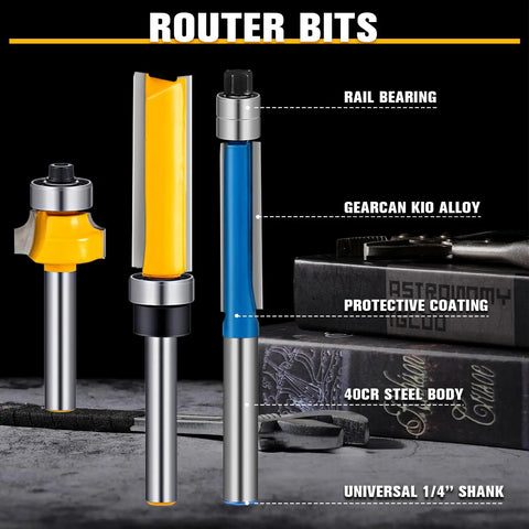 12 Piece Router Bit Set With 4 Flush Trim Bits, 4 Roundover Bits, And 4 Pattern Flush Trim Bits, All With One Quarter Inch Shanks