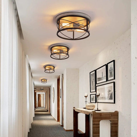 Two Light Rustic Oak White Flush Mount Ceiling Light With Black Open Cage, Cozy Farmhouse Industrial Vibe installed in hallway