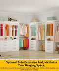 Total Glow Up For Your Space With Massive Freestanding Modular Closet System Featuring Solid Wood Drawers Hanging Rods And Shelves In White, showcasing organized various hanging clothes.