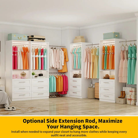 Total Glow Up For Your Space With Massive Freestanding Modular Closet System Featuring Solid Wood Drawers Hanging Rods And Shelves In White, showcasing organized various hanging clothes.