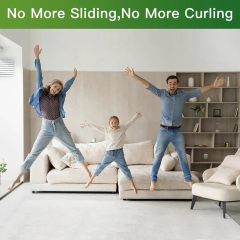 Family enjoying in living room with non slip rug pads and tape for hardwood floors and tiles reusable and washable no damage.