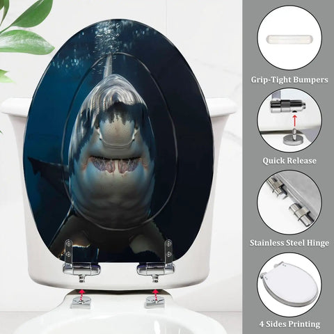 Resin Toilet Seat Decor for Elongated Toilet featuring shark design, adjustable hinges, and grip-tight bumpers.